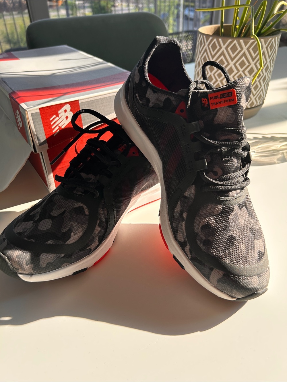 New Balance Women’s Black Gray Camo FuelCore Transform Athletic Sneakers